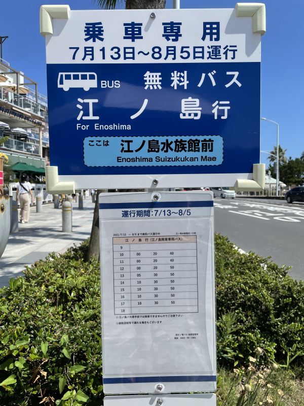8/5まで！江ノ島水族館前から無料バスが出ています。